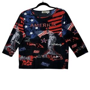 Collections Etc Top Women Medium Sequin Blouse  Artsy 4th Of July USA Flag Stars